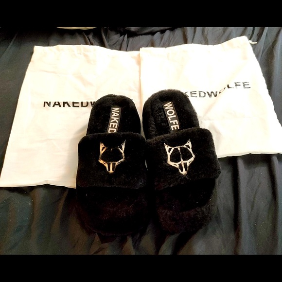 RARE & NEW🖤NAKED WOLFE🖤FLUFFY PLATFORM SLIDES - Picture 1 of 3